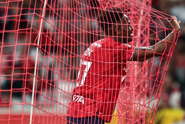 Lille's Portuguese forward #27 Felix Correia reacts after missing a shot during the French L1 football match between Lille LOSC and Le Havre AC at the Pierre Mauroy stadium in Villeneuve-d'Ascq, northern France, on May 3, 2026. (Photo by Sameer Al-DOUMY / AFP)