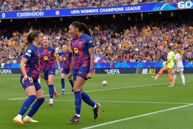 Barcelona's Spanish forward #07 Salma Paralluelo (R) celebrates scoring the opening goal during the UEFA Women's Champions League semi-final second leg football match between FC Barcelona and Bayern Munich at Camp Nou Stadium in Barcelona on May 3, 2026. (Photo by MANAURE QUINTERO / AFP)