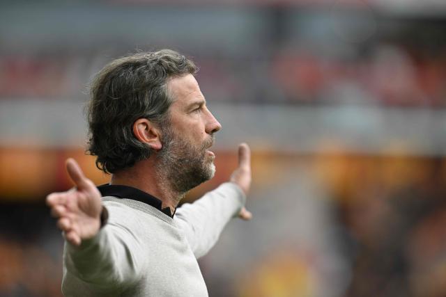 KAA Gent's head coach Rik De Mil reacts during the Belgian Pro League football match between KV Mechelen and KAA Gent at the AFAS Stadion in Mechelen on May 3, 2026. (Photo by JOHN THYS / Belga / AFP) / Belgium OUT