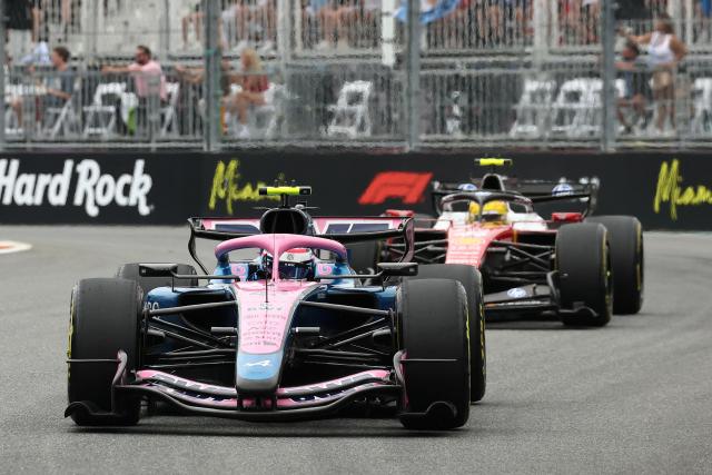 Alpine's Argentine driver Franco Colapinto races followed by Ferrari's British driver Lewis Hamilton during the 2026 Miami Formula One Grand Prix at Miami International Autodrome in Miami Gardens, Florida, on May 3, 2026. (Photo by CHARLY TRIBALLEAU / AFP)