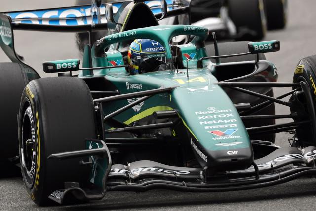 Aston Martin's Spanish driver Fernando Alonso races during the 2026 Miami Formula One Grand Prix at Miami International Autodrome in Miami Gardens, Florida, on May 3, 2026. (Photo by CHARLY TRIBALLEAU / AFP)