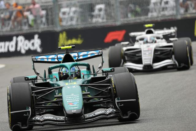 Aston Martin's Spanish driver Fernando Alonso races during the 2026 Miami Formula One Grand Prix at Miami International Autodrome in Miami Gardens, Florida, on May 3, 2026. (Photo by CHARLY TRIBALLEAU / AFP)
