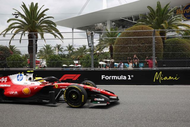 Ferrari's British driver Lewis Hamilton races during the 2026 Miami Formula One Grand Prix at Miami International Autodrome in Miami Gardens, Florida, on May 3, 2026. (Photo by CHARLY TRIBALLEAU / AFP)