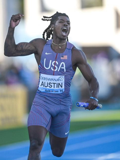 US' Pjai Austin celebrates after winning the men's 4x100m relay final during the Gaborone 26 World Athletics Relays at the National Stadium in Gaborone on May 3, 2026. (Photo by AFP)