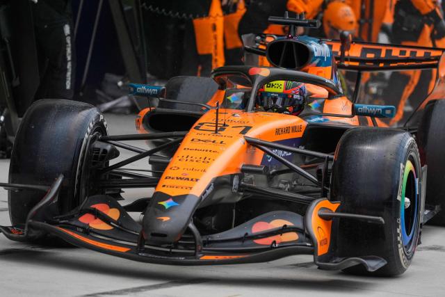 McLaren's Australian driver Oscar Piastri drives out of the pit after a tires change during the 2026 Miami Formula One Grand Prix at Miami International Autodrome in Miami Gardens, Florida, on May 3, 2026. (Photo by Rebecca Blackwell / POOL / AFP)