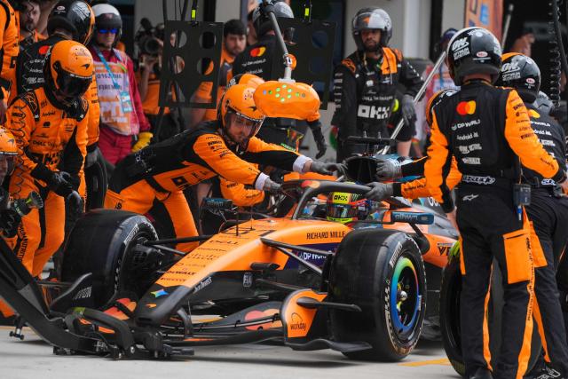 McLaren's Australian driver Oscar Piastri drives out of the pit after a tires change during the 2026 Miami Formula One Grand Prix at Miami International Autodrome in Miami Gardens, Florida, on May 3, 2026. (Photo by Rebecca Blackwell / POOL / AFP)