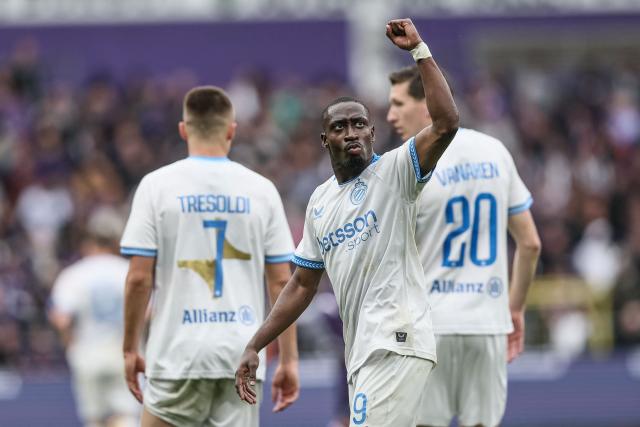 Club Brugge's Portuguese forward Carlos Forbs celebrates after scoring a goal during the Belgian Pro League Championship Play-off football match between RSC Anderlecht and Club Brugge at Lotto Park in Brussels on May 3, 2026. (Photo by BRUNO FAHY / Belga / AFP) / Belgium OUT