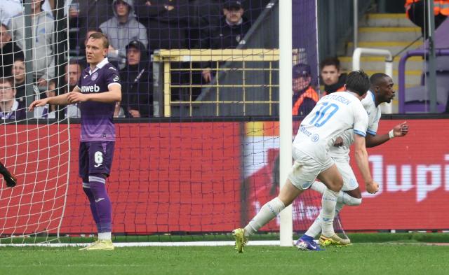 Club Brugge's Portuguese forward Carlos Forbs celebrates after scoring a goal during the Belgian Pro League Championship Play-off football match between RSC Anderlecht and Club Brugge at Lotto Park in Brussels on May 3, 2026. (Photo by VIRGINIE LEFOUR / Belga / AFP) / Belgium OUT