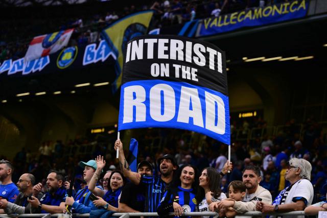 Inter Milan's supporters wave a giant banner before the start of the Italian Serie A football match between Inter Milan and Parma at San Siro stadium in Milan, on May 3, 2026. (Photo by Marco BERTORELLO / AFP)