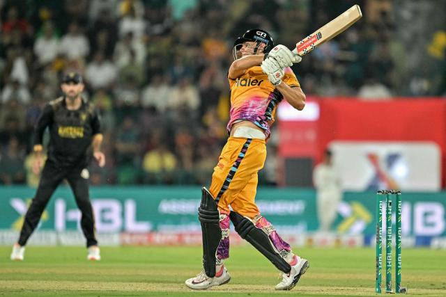 Peshawar Zalmi's Australian cricket player Aaron Hardie plays a shot during the Pakistan Super League (PSL) Twenty20 final match between Hyderabad Kingsmen and Peshawar Zalmi at the Gaddafi Stadium in Lahore on May 3, 2026. (Photo by Arif ALI / AFP)
