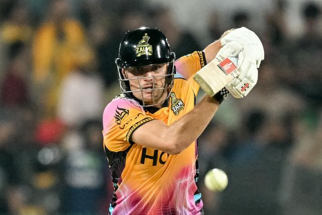 Peshawar Zalmi's Australian cricket player Aaron Hardie plays a shot during the Pakistan Super League (PSL) Twenty20 final match between Hyderabad Kingsmen and Peshawar Zalmi at the Gaddafi Stadium in Lahore on May 3, 2026. (Photo by Arif ALI / AFP)