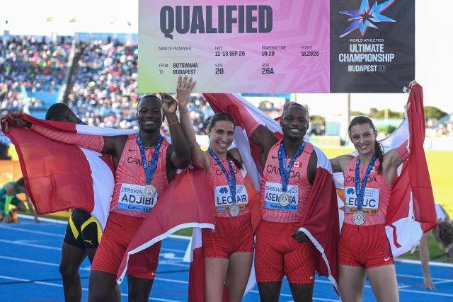 (From L to R) Canada's Eliezer Adjibi, Marie-Eloise Leclair, Duan Asemota and Audrey Leduc celebrate their second place in the mixed 4x100m relay final during the Gaborone 26 World Athletics Relays at the National Stadium in Gaborone on May 3, 2026. (Photo by AFP)