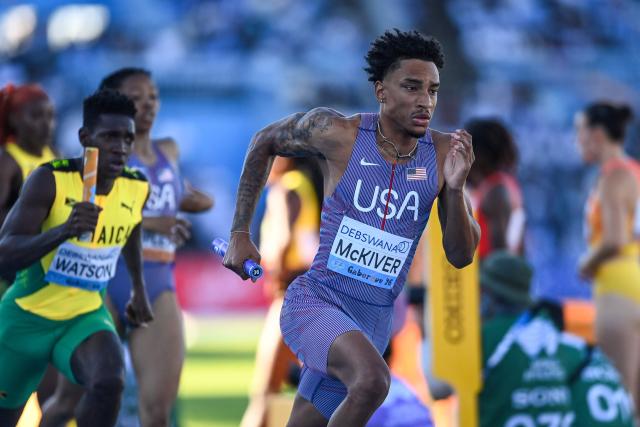 US' Jenoah McKiver competes in the mixed 4x400m relay final during the Gaborone 26 World Athletics Relays at the National Stadium in Gaborone on May 3, 2026. (Photo by AFP)