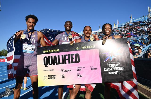 (From L to R) US' Jenoah McKiver, Bryce Deadmon, Bailey Lear and Paris Peoples celebrate after winning the mixed 4x400m relay final during the Gaborone 26 World Athletics Relays at the National Stadium in Gaborone on May 3, 2026. (Photo by AFP)