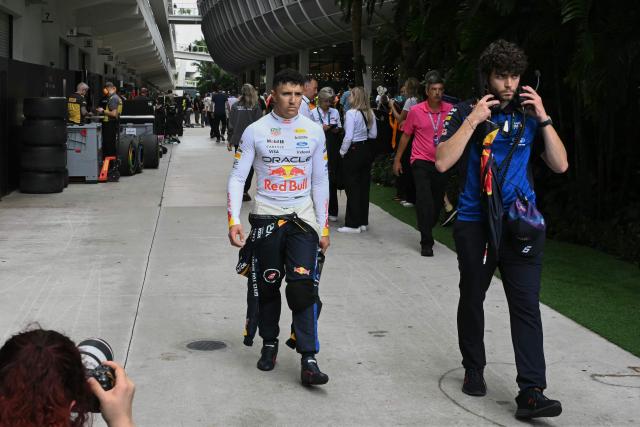 Red Bull Racing's French driver Isack Hadjar departs after being knocked out of the race in an accident during the 2026 Miami Formula One Grand Prix at Miami International Autodrome in Miami Gardens, Florida, on May 3, 2026. (Photo by CHANDAN KHANNA / AFP)