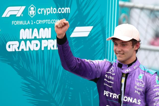 Race winner Mercedes' Italian driver Kimi Antonelli celebrates on the podium after the 2026 Miami Formula One Grand Prix at Miami International Autodrome in Miami Gardens, Florida, on May 3, 2026. (Photo by CHARLY TRIBALLEAU / AFP)