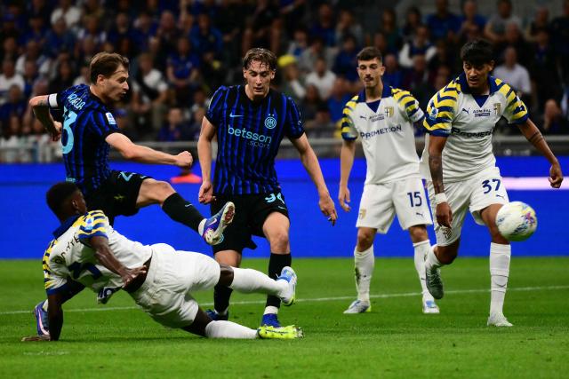 Inter Milan's Italian midfielder #23 Nicolo Barella kicks the ball during the Italian Serie A football match between Inter Milan and Parma at San Siro stadium in Milan, on May 3, 2026. (Photo by Marco BERTORELLO / AFP)