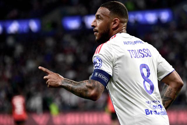 Lyon's French midfielder #08 Corentin Tolisso celebrates scoring his team's second goal during the French L1 football match between Olympique Lyonnais (OL) and Stade Rennais FC at the Groupama Stadium in Decines-Charpieu, central-eastern France on May 3, 2026. (Photo by OLIVIER CHASSIGNOLE / AFP)