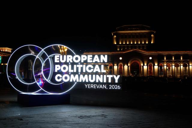 This photograph shows a view of the Republic Square on the eve of the 8th European Political Community (EPC) summit in Yerevan on May 3, 2026. (Photo by Ludovic MARIN / AFP)
