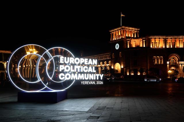 This photograph shows a view of the Republic Square on the eve of the 8th European Political Community (EPC) summit in Yerevan on May 3, 2026. (Photo by Ludovic MARIN / AFP)