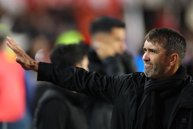 River Plate's head coach Eduardo Coudet gestures before the start of the Argentine Professional Football League 2026 Apertura tournament match between River Plate and Atletico Tucuman, at the Mas Monumental stadium in Buenos Aires on May 3, 2026. (Photo by ALEJANDRO PAGNI / AFP)