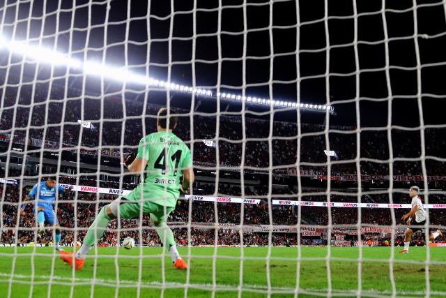 Tucuman’s midfielder #11 Renzo Tesuri (L) scores his team's first goal during the Argentine Professional Football League 2026 Apertura tournament match between River Plate and Atletico Tucuman, at the Mas Monumental stadium in Buenos Aires on May 3, 2026. (Photo by Alejandro PAGNI / AFP)