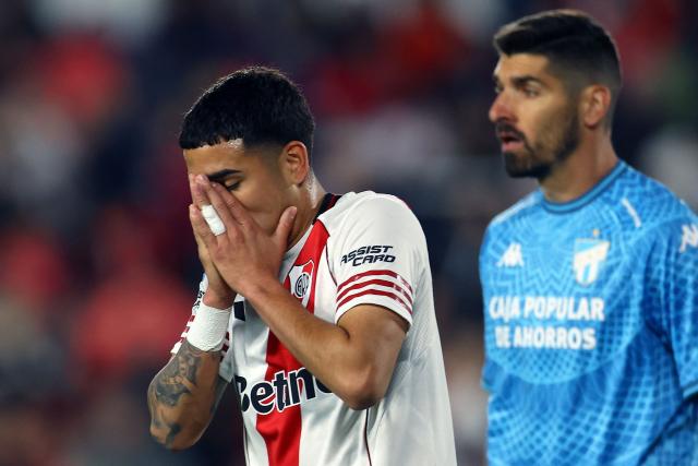 River Plate's Ecuadorean forward #19 Kendry Paez reacts after missing a chance of goal during the Argentine Professional Football League 2026 Apertura tournament match between River Plate and Atletico Tucuman, at the Mas Monumental stadium in Buenos Aires on May 3, 2026. (Photo by ALEJANDRO PAGNI / AFP)