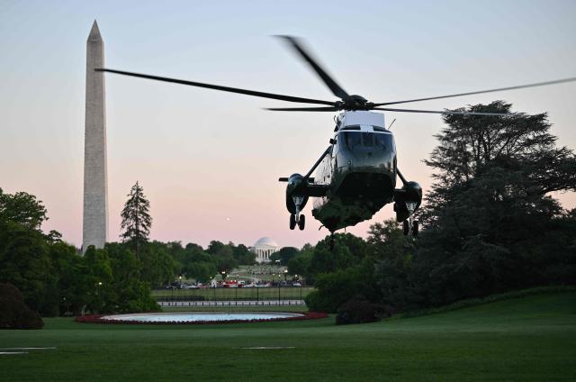 Marine One with US President Donald Trump aboard lands on the south lawn of the White House in Washington, DC, on May 3, 2026. Trump spent the weekend at his Mar-a-Lago resort in Palm Beach, Florida and his Doral Miami resort. (Photo by Mandel NGAN / AFP)