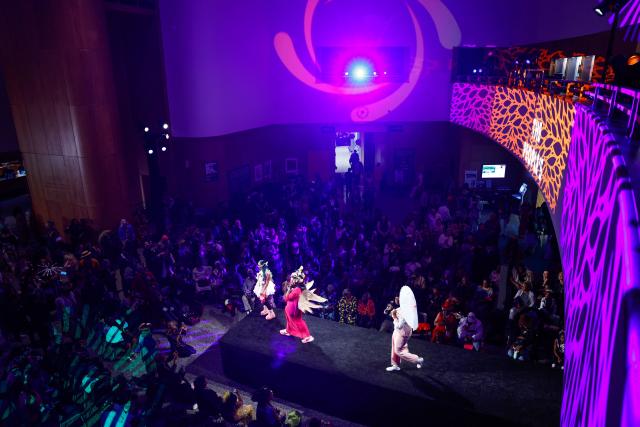 Participants walk on the runway during "The People's Ball" at Brooklyn Public Library's Central Branch in Brooklyn, New York on May 3, 2026. "The People's Ball" offers an alternative to the Met Gala, allowing people to express their person styles. (Photo by kena betancur / AFP)