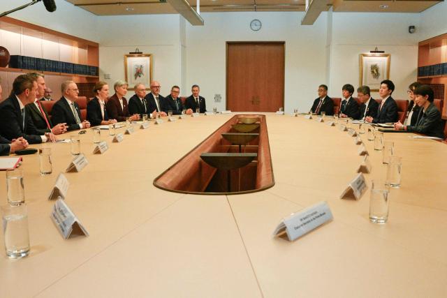 Australia's Prime Minister Anthony Albanese (3rd L) and Japan's Prime Minister Sanae Takaichi (R) attend the Australia–Japan Annual Leaders’ Meeting at Parliament House in Canberra on May 4, 2026. (Photo by Saeed KHAN / AFP)