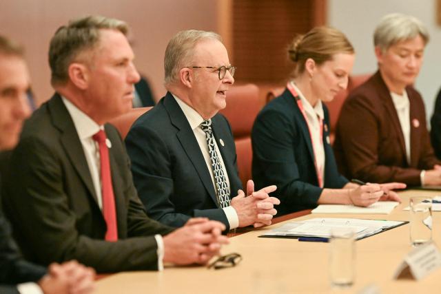 Australia's Prime Minister Anthony Albanese (C) speaks during the Australia–Japan Annual Leaders’ Meeting with Japan's Prime Minister Sanae Takaichi at Parliament House in Canberra on May 4, 2026. (Photo by Saeed Khan / AFP)