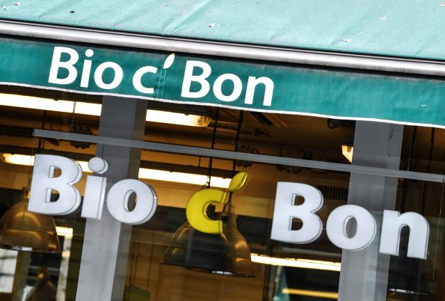 (FILES) A Bio C'Bon store sign is seen on a Bio C'Bon store, on September 8, 2020, in Paris. Two former managers of the retailer specialized in organic food Bio C'Bon are set to face trial for misleading commercial practices at the Paris courthouse on May 6, 2026. (Photo by ALAIN JOCARD / AFP)