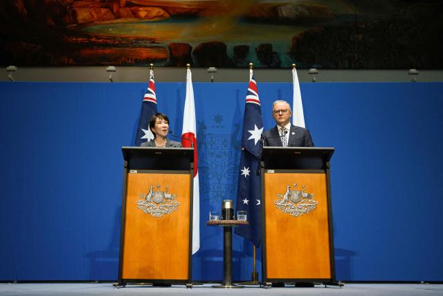 Australia's Prime Minister Anthony Albanese (R) and Japan's Prime Minister Sanae Takaichi speak to the press at Parliament House in Canberra on May 4, 2026. (Photo by Saeed KHAN / AFP)