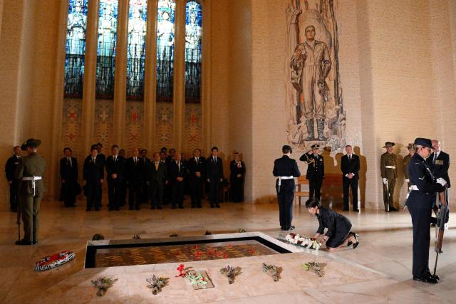 Japan's Prime Minister Sanae Takaichi lays a wreath at the Tomb of the Unknown Soldier during her visit to the Australian War Memorial in Canberra on May 4, 2026. (Photo by Saeed KHAN / AFP)