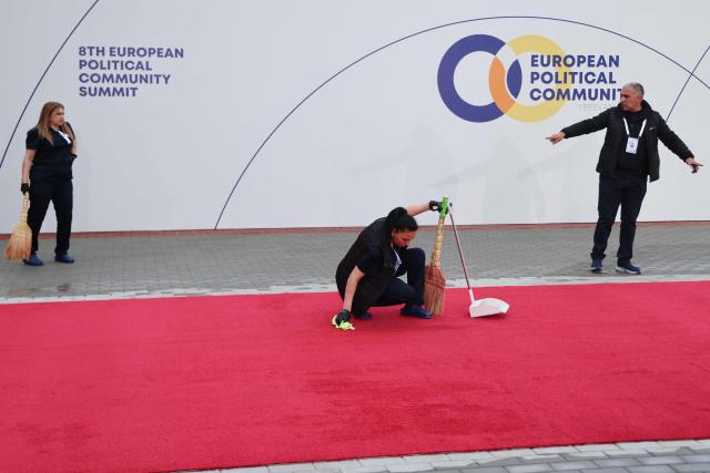 Cleaners prepare the arrival zone ahead of the 8th European Political Community (EPC) summit in Yerevan on May 4, 2026. (Photo by Ludovic MARIN / AFP)