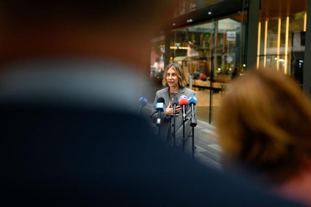 Witness Stefanie Schwartz speaks to the media after the first hearing block of the Royal Commission on Antisemitism and Social Cohesion in Sydney on May 4, 2026. An Australian inquiry opened public hearings on May 4 into an antisemitic shooting that killed 15 people at a Jewish festival on Sydney's Bondi Beach. (Photo by GEORGE CHAN / AFP)