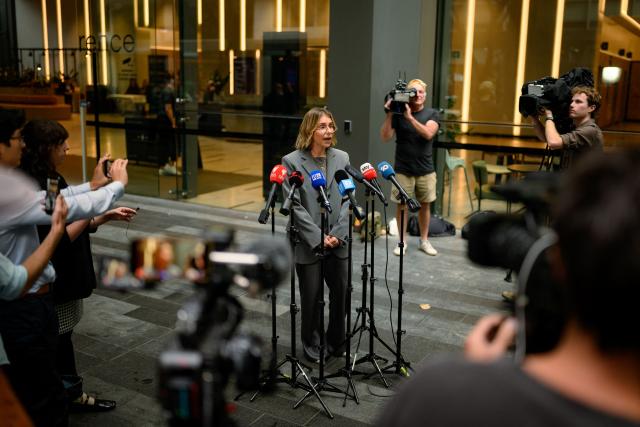 Witness Stefanie Schwartz speaks to the media after the first hearing block of the Royal Commission on Antisemitism and Social Cohesion in Sydney on May 4, 2026. An Australian inquiry opened public hearings on May 4 into an antisemitic shooting that killed 15 people at a Jewish festival on Sydney's Bondi Beach. (Photo by GEORGE CHAN / AFP)
