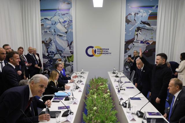 Participants, including Britain's Prime Minister Keir Starmer, France's President Emmanuel Macron, Italy's Prime Minister Giorgia Meloni, European Commission President Ursula von der Leyen, Canada's Prime Minister Mark Carney, Ukraine's President Volodymyr Zelensky, Poland's Prime Minister Donald Tusk and European Council President Antonio Costa, attend 
a roundtable discussion on Ukraine on the sidelines of the 8th European Political Community (EPC) summit in Yerevan on May 4, 2026. (Photo by Ludovic MARIN / AFP)