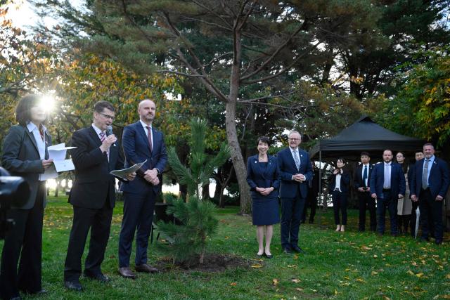 Japan's Prime Minister Sanae Takaichi (centre L), Australia's Prime Minister Anthony Albanese (centre R), and Australian Capital Territory Chief Minister Andrew Barr (3rd L) take part in a tree planting ceremony at the Canberra Nara Peace Park in Canberra on May 4, 2026. (Photo by Saeed KHAN / AFP)