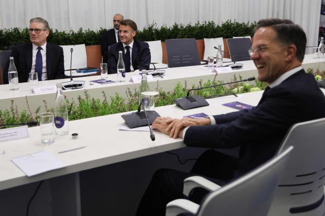 Britain's Prime Minister Keir Starmer, France's President Emmanuel Macron and NATO Secretary General Mark Rutte hold a trilateral meeting on the sidelines of the 8th European Political Community (EPC) summit in Yerevan on May 4, 2026. (Photo by Ludovic MARIN / AFP)