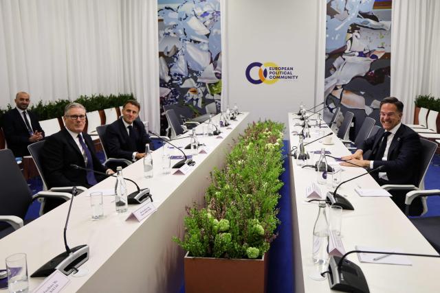Britain's Prime Minister Keir Starmer, France's President Emmanuel Macron and NATO Secretary General Mark Rutte hold a trilateral meeting on the sidelines of the 8th European Political Community (EPC) summit in Yerevan on May 4, 2026. (Photo by Ludovic MARIN / AFP)