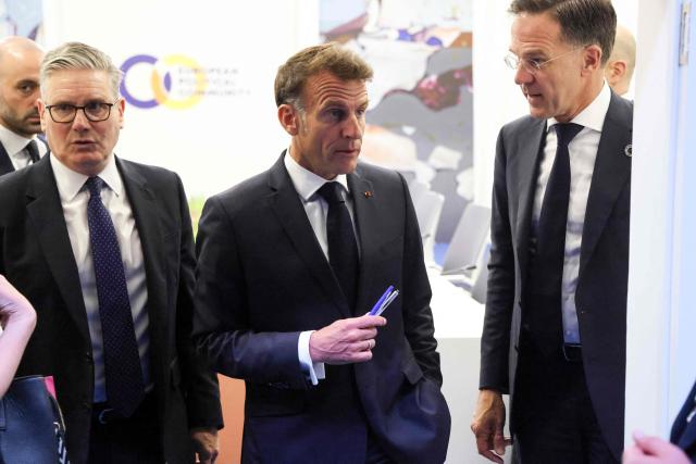 Britain's Prime Minister Keir Starmer, France's President Emmanuel Macron and NATO Secretary General Mark Rutte hold a trilateral meeting on the sidelines of the 8th European Political Community (EPC) summit in Yerevan on May 4, 2026. (Photo by Ludovic MARIN / AFP)