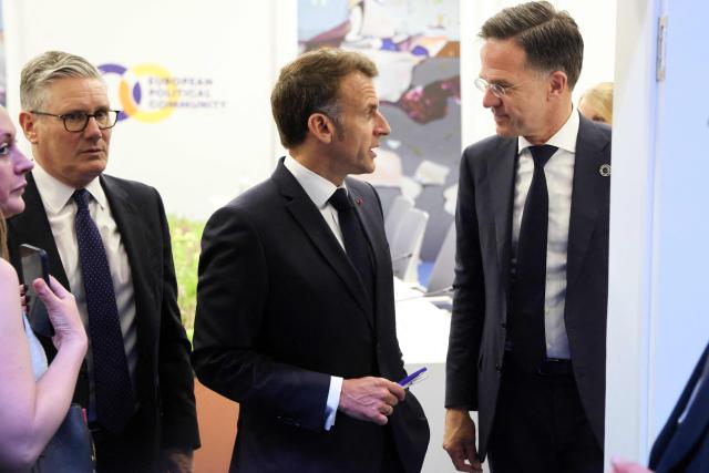 Britain's Prime Minister Keir Starmer, France's President Emmanuel Macron and NATO Secretary General Mark Rutte hold a trilateral meeting on the sidelines of the 8th European Political Community (EPC) summit in Yerevan on May 4, 2026. (Photo by Ludovic MARIN / AFP)