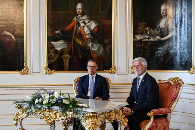 Czech President Petr Pavel (R) and Finland's President Alexander Stubb have taken seat for talks at the Prague Castle in Prague, Czech Republic, on May 4, 2026. (Photo by Michal Cizek / AFP)