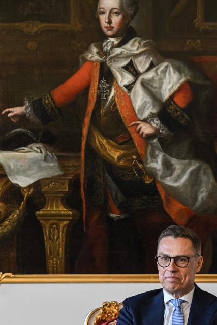 Finland's President Alexander Stubb has taken seat for talks with the Czech President (not in picture) at the Prague Castle in Prague, Czech Republic, on May 4, 2026. (Photo by Michal Cizek / AFP)
