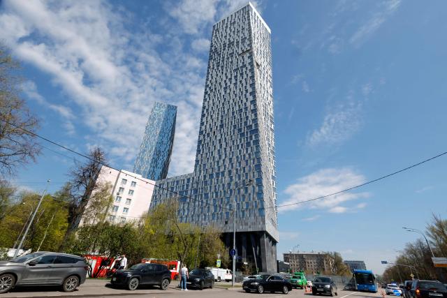 A view shows damage to a high-rise residential building following a drone attack in Moscow on May 4, 2026. (Photo by TATYANA MAKEYEVA / AFP)