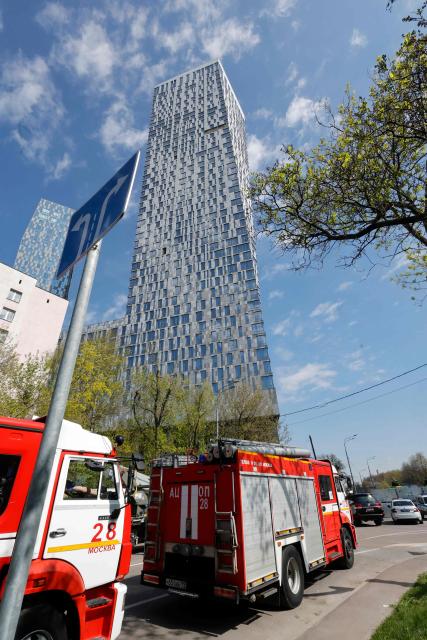 A view shows damage to a high-rise residential building following a drone attack in Moscow on May 4, 2026. (Photo by TATYANA MAKEYEVA / AFP)