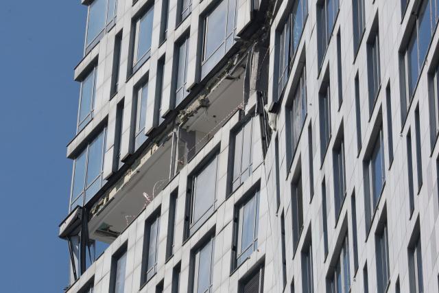 A view shows damage to a high-rise residential building following a drone attack in Moscow on May 4, 2026. (Photo by TATYANA MAKEYEVA / AFP)