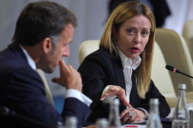 France's President Emmanuel Macron and Italy's Prime Minister Giorgia Meloni chair a meeting of the European Coalition Against Drugs (ECAD) during the 8th European Political Community (EPC) summit in Yerevan on May 4, 2026. (Photo by Ludovic MARIN / AFP)
