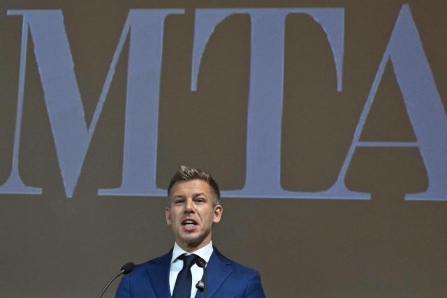 The leader of Hungary's Tisza Party, Prime Minister elect Peter Magyar gives a speech at the grand hall of the Hungarian Academy of Sciences (MTA) in Budapest, Hungary, on May 4, 2026, during celebrations of the institution's 200th anniversary. (Photo by Attila KISBENEDEK / AFP)